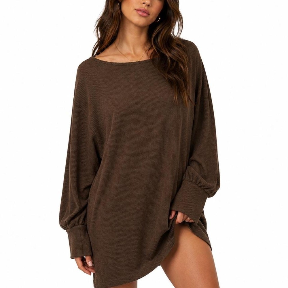 Women's Brown Long Bubble Sleeve Mini Dress with Pockets